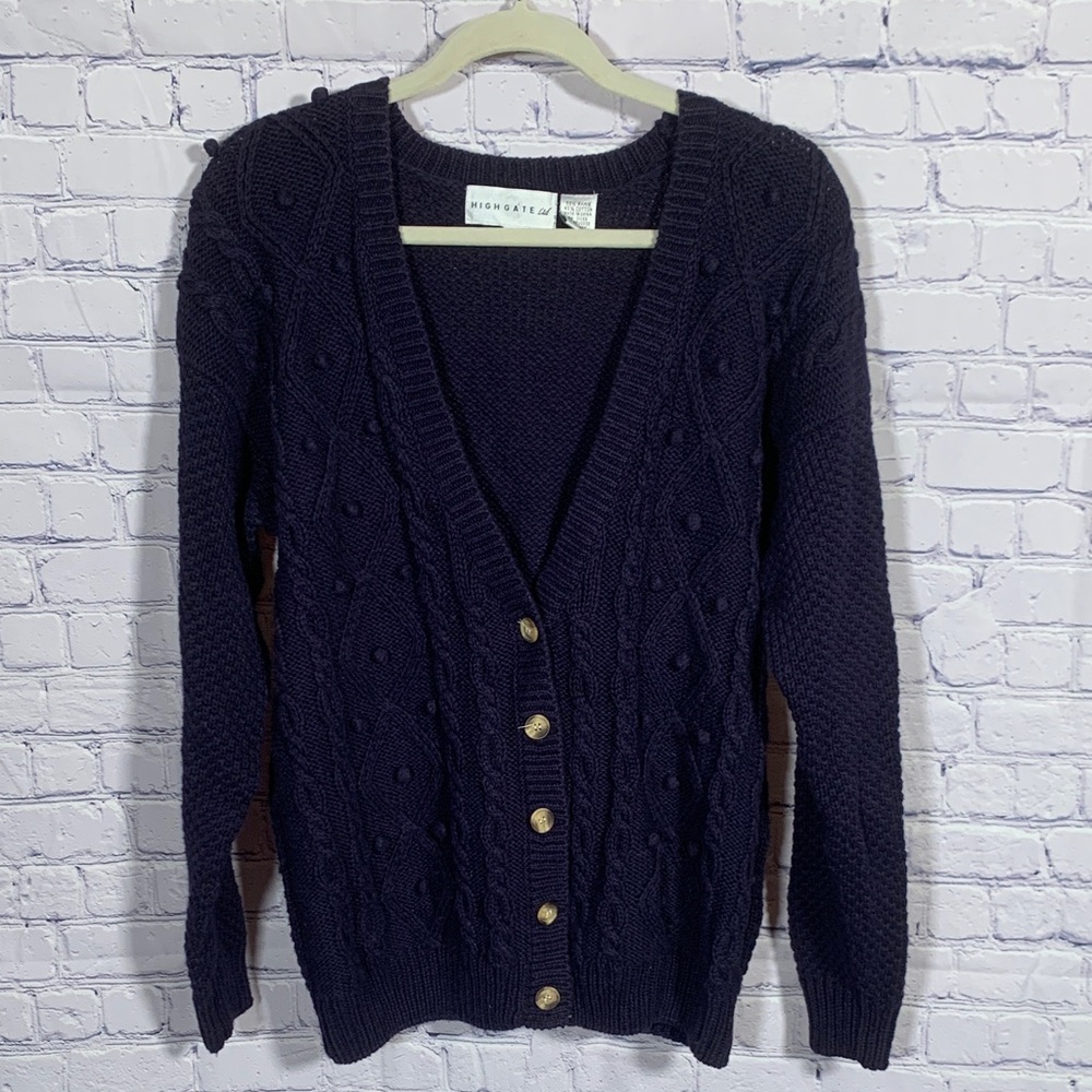 Highgate Womens VTG Knit Cardigan Navy Size L Old Money Bubble Knit Chunky